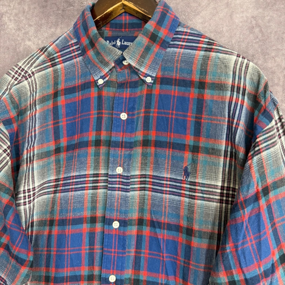 Ralph Lauren Blaire Mens Large Blue Red Plaid Flannel Button Down Shirt Cotton - Picture 2 of 8